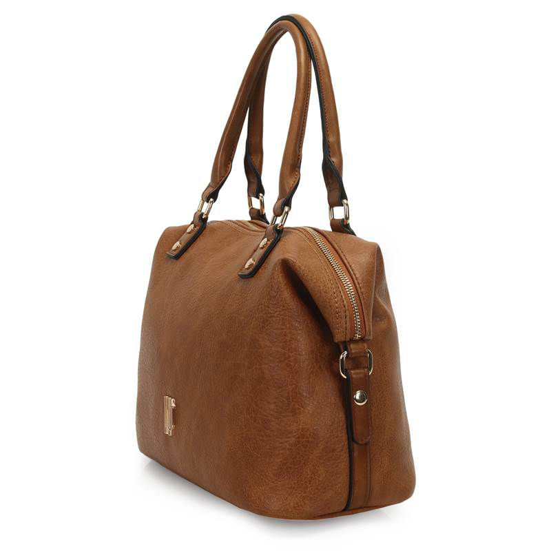 Perfil lateral da bolsa WJ caramelo mostrando costura reforçada e alças